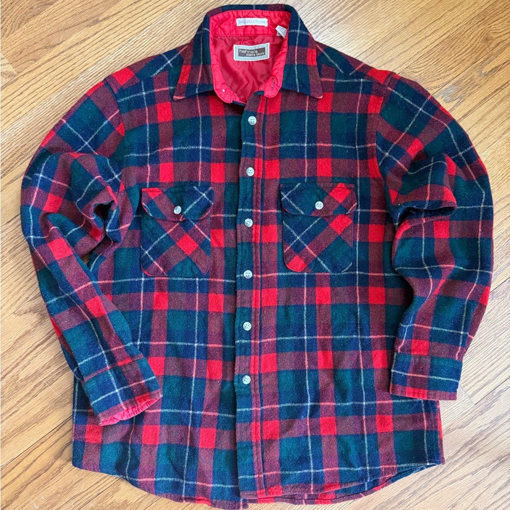 Vintage Men’s Red and Blue Plaid Wool Button Down Shirt